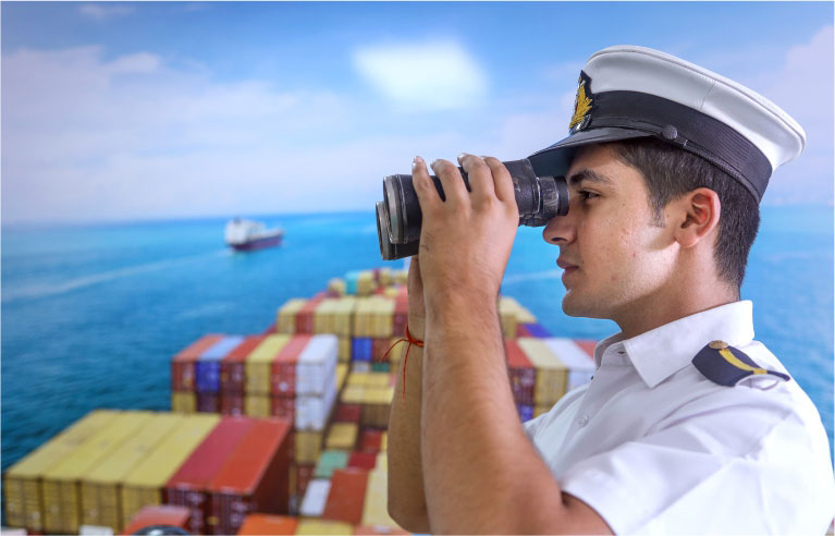 Merchant navy officer on the bridge of a cargo ship, illustrating merchant navy ranks and career progression