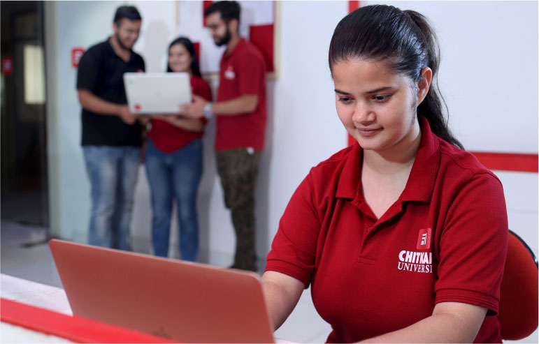 The illustration shows the students of cyber security from chitkara university working on their projects.