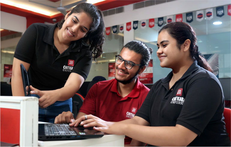 The image shows the students of cloud computing engineering working on the laptop.
