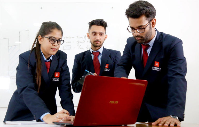The illustration shows the students of chitkara university working on their projects.