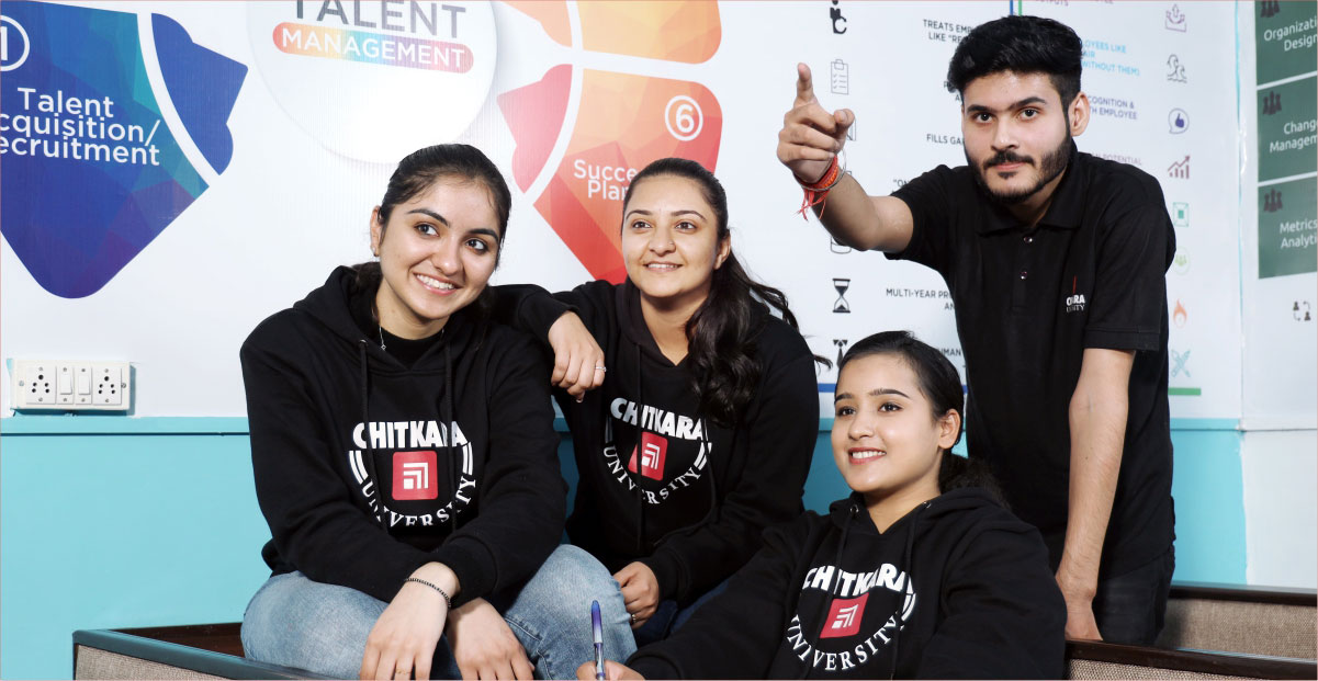 The illustration shows the 3 girls and 1 boy who all are from chitkara university .