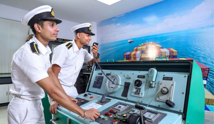 Merchant Navy cadets training on a ship bridge simulator before starting careers with high merchant navy salary in India