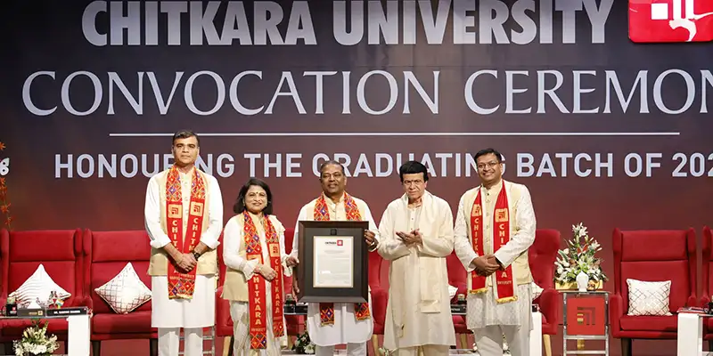 Chitkara University Convocation Ceremony 2025 with dignitaries on stage. Murali Bukkapatnam receives Doctor of Literature (Honoris Causa) award.